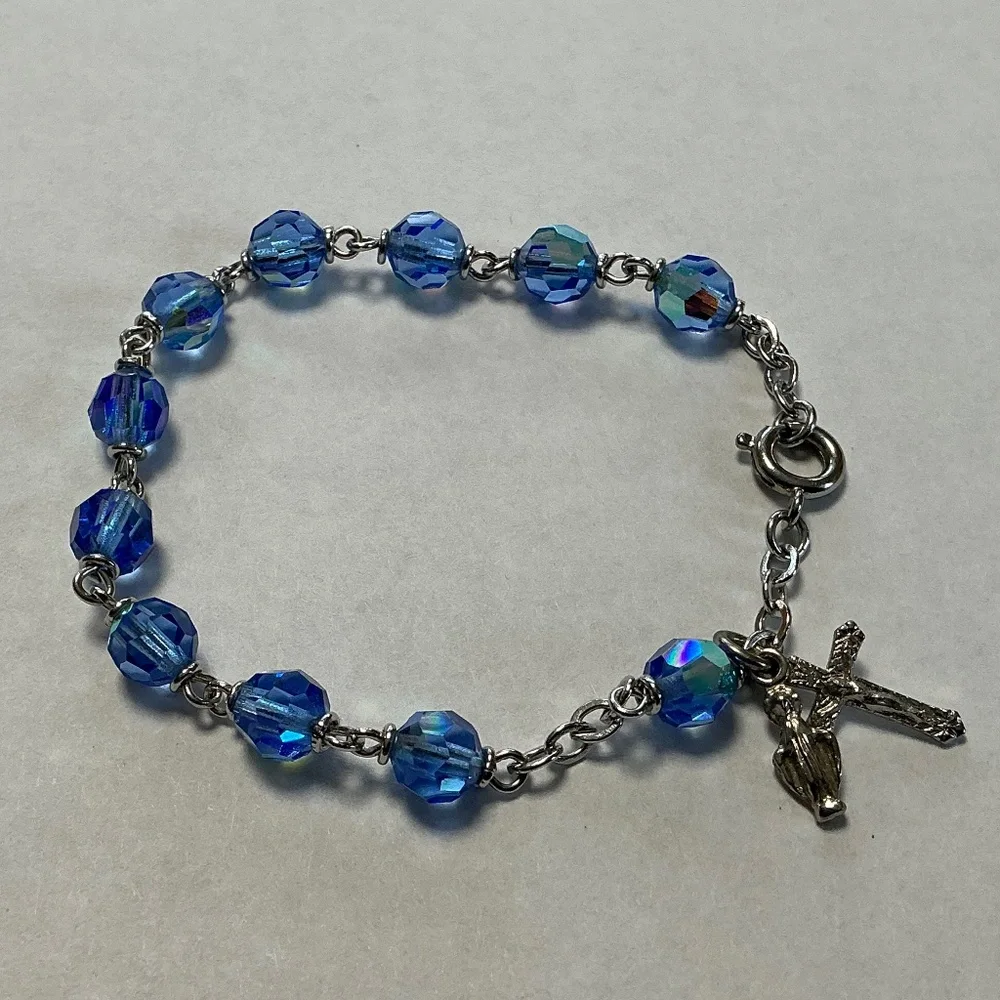 Child’s Religious Bracelet Translucent Faceted Light Blue Beads Crucifix & Mary